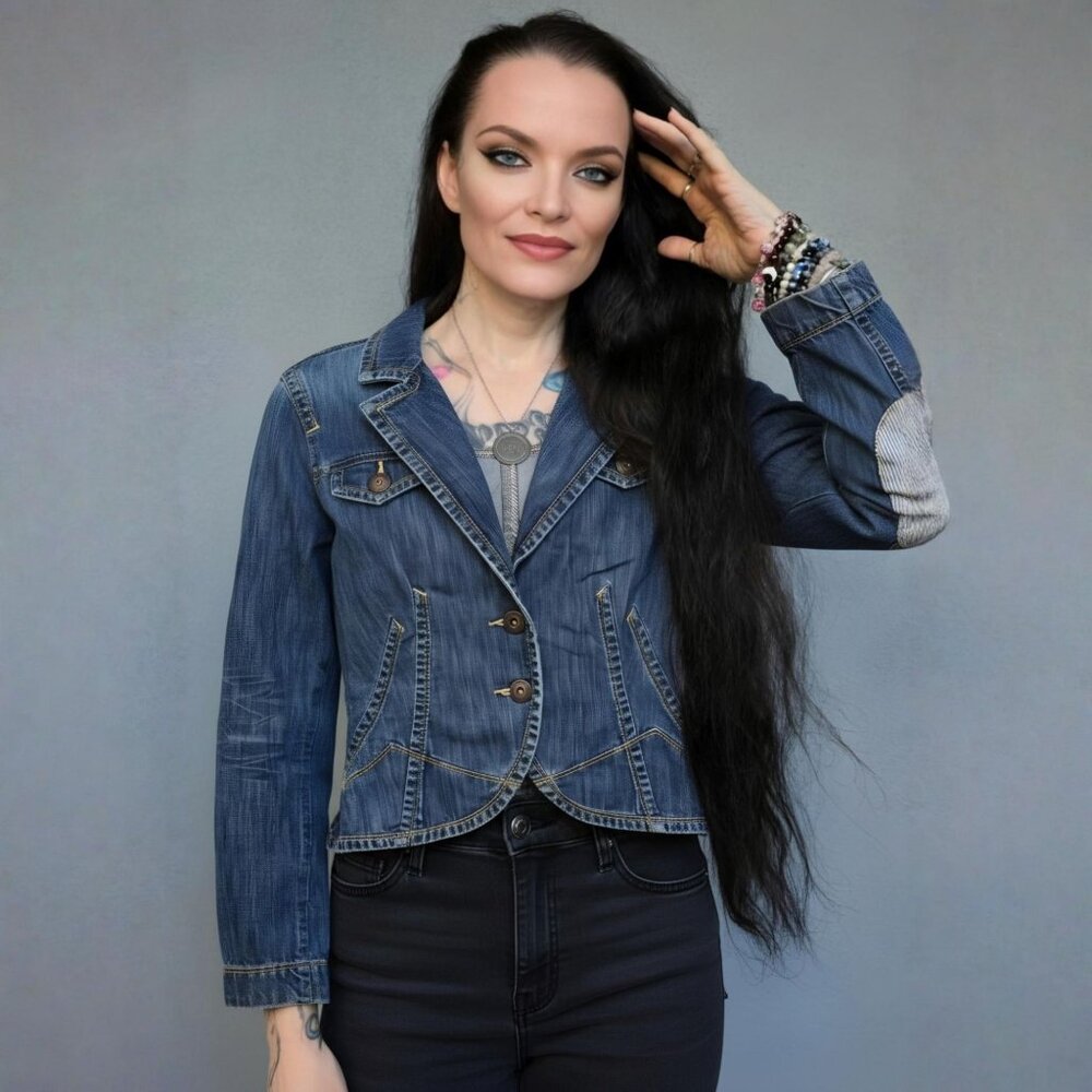 Tommy Hilfiger ✦ Denim Tailored Jacket ✦ Blue Striped Elbow Patch Structured M - Picture 10 of 12
